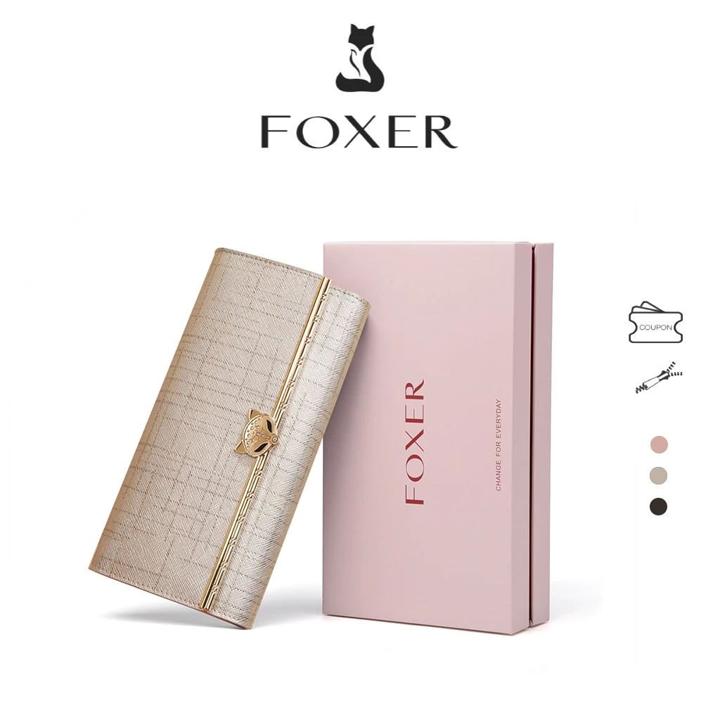 FOXER Ví da Ví dài Nhiều ngăn đựng thẻ Ví đựng tiền xu Ngăn đựng thẻ tín dụng Ví gấp 3