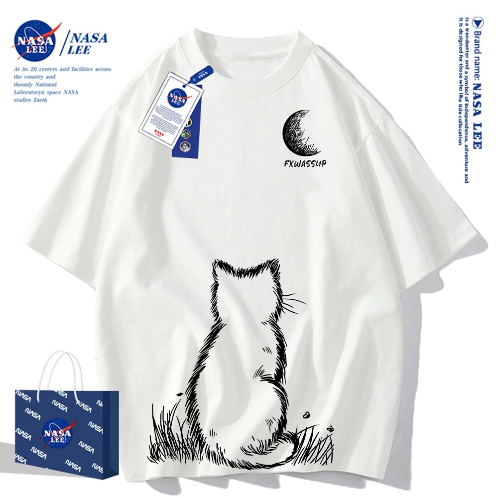 Áo thun NASA，áo thun ngắn tay mèo đường nét, cotton, dáng rộng, unisex