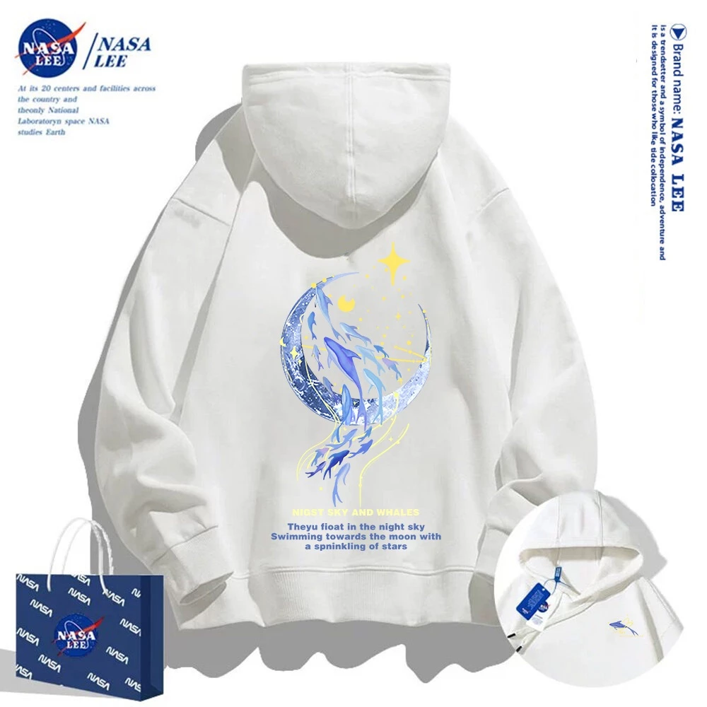 Áo hoodie NASA，áo hoodie có mũ mặt trăng xanh, 100% cotton, dáng rộng, unisex