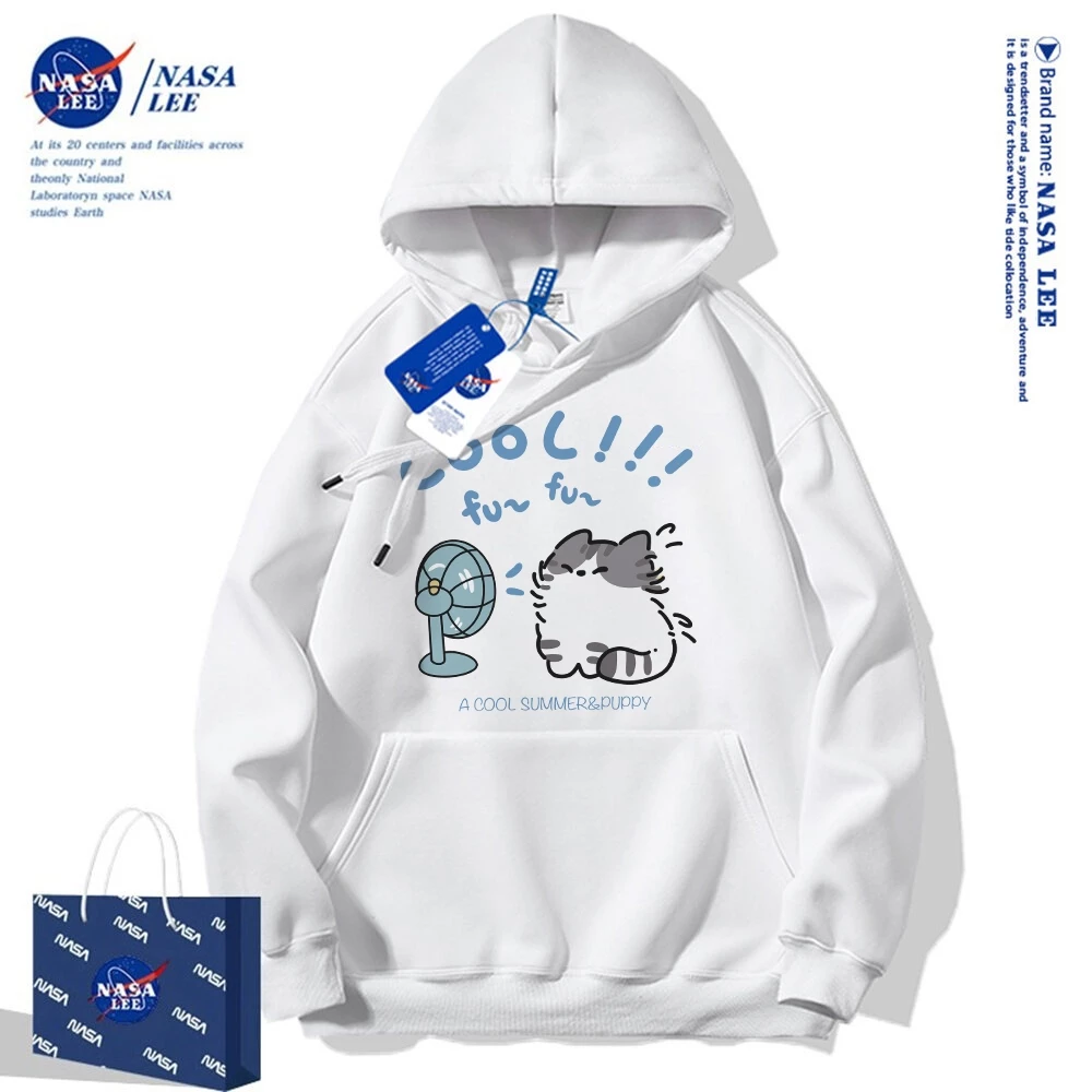 Áo hoodie NASA, áo sweatshirt cổ tròn họa tiết mèo con thổi quạt, 100% cotton, dáng rộng, unisex
