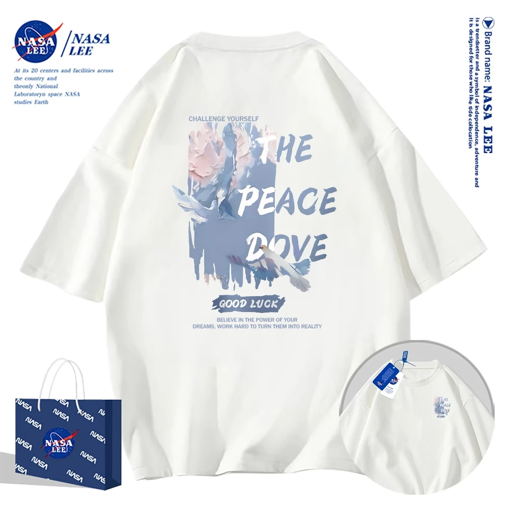 Áo thun NASA, áo thun ngắn tay hình chim bồ câu hòa bình, cotton, kiểu dáng rộng rãi, unisex