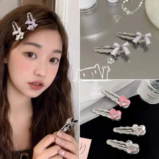 ⚡CM⚡Kẹp Tóc kim loại Đính Đá Màu Hồng Ngọt Ngào Dễ Thương Thời Trang Cho Nữ Y2k，Kẹp Tóc Kim Loại Hình Mỏ Vịt / Trái Tim Đính Đá Lớn Kiểu Hàn Quốc Ngọt Ngào Cho Nữ