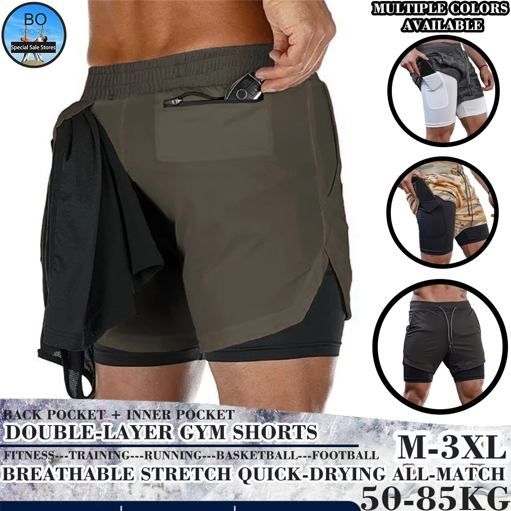 Quần short tập thể dục nam BOSSPORT Thể dục thể thao Quần short chạy bộ hai lớp Huấn luyện tập luyện khô nhanh
