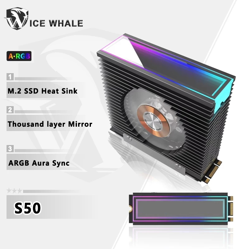 ICE Whale S50 M.2 SSD tản nhiệt Dual FanThousand layer Mirror ARGB Aura Sync M.2 2280 NVME Ổ đĩa thể rắn Tản nhiệt làm mát Tất cả nhôm