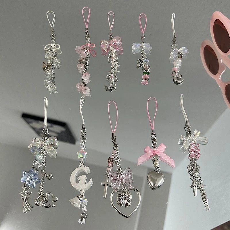 Ngọt Mạ Màu Ngôi Sao Nơ Hợp Kim Điện Thoại Di Động Dây Xích Túi Chìa Khóa Trang Trí Mặt Dây Chuyền Cô Gái Trái Tim Quà Tặng