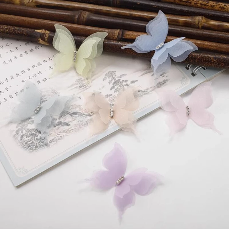 10 Chiếc Ba Lớp Kim Cương Ba Chiều Voan Bướm Vải Miếng Dán DIY Phụ Kiện Tóc Quần Áo Phụ Kiện