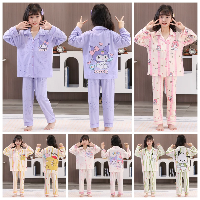 Bộ Đồ Ngủ Trẻ Em Dài Tay Váy Ngủ Kuromi Hoạt Hình In Hình Ngủ Mặc Lớn Bé Gái Mặc
