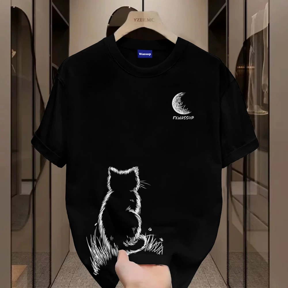 ✨Hàng có sẵn✨WASSUP Little Cat Watching the Moon Áo thun nam mới! cotton, thời trang, Unisex