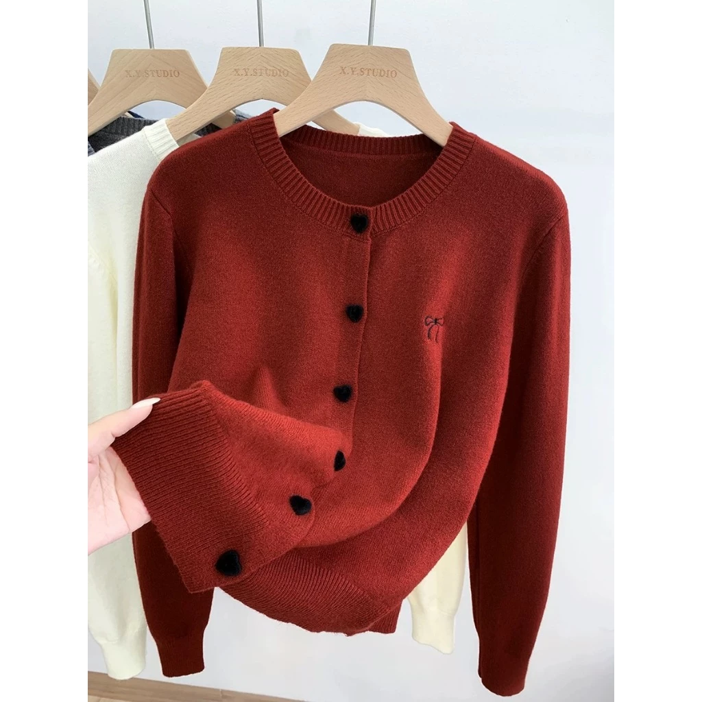 YAYUAN Đan Cardigan nữ vòng cổ dài tay áo màu đỏ