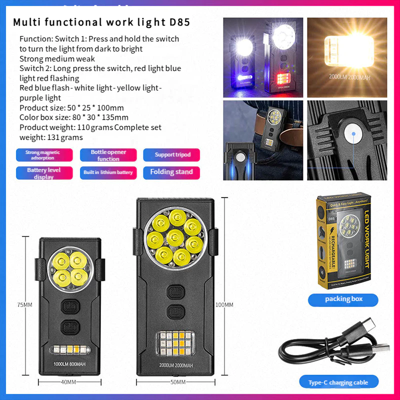 Đèn chiếu sáng di động đa chức năng ngoài trời được nâng cấp có sức hút từ tính, ánh sáng mạnh và tuổi thọ pin dài. Sạc TYPE-C ngoài trời, đèn làm việc COB siêu sáng