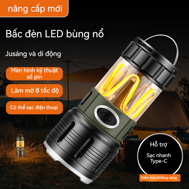 Ngoài trời đa chức năng ánh sáng mạnh tầm xa đèn pin type-c sạc siêu sáng độ bền lâu ngoài trời COB cắm trại ánh bầu không khí ánh sáng