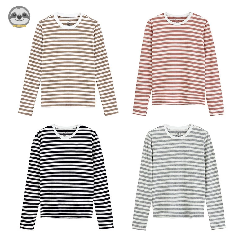 Phong cách Nhật Bản Muji Style / Áo thun sọc dài tay nữ / Áo thun Cotton đơn giản / Áo khoác ngoài đế thông thường