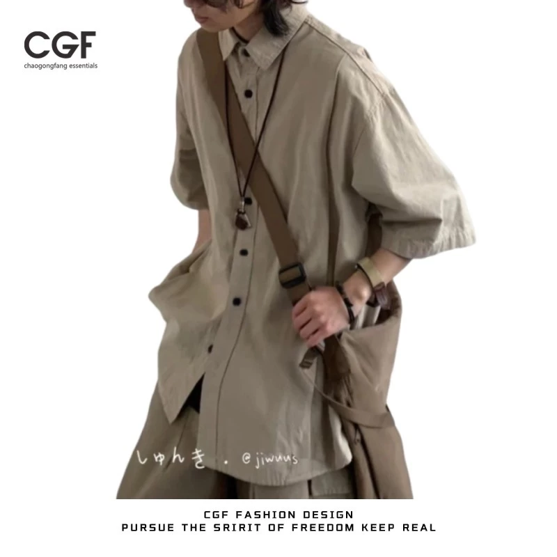 CGF Mùa Hè Nhật Bản retro Áo Sơ Mi Tay Ngắn Nam Nữ Rời Thường Ngày Màu Trơn Đại Học Gió Áo Thun top