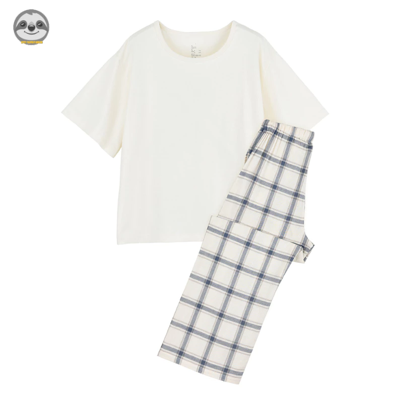 Phong cách Nhật Bản Muji Style / Đồ ngủ ngắn tay bằng vải Cotton / Bộ đồ ngủ kẻ sọc màu hỗn hợp / Đồ ngủ cặp đôi thân thiện với da mềm mại