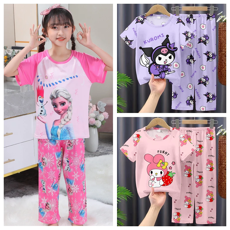 Bộ đồ ngủ trẻ em baju đông lạnh thường ngủ mặc quần áo ngủ ngắn tay dài quần dài trẻ em cô gái quần áo baju bé gái 女童 套裝