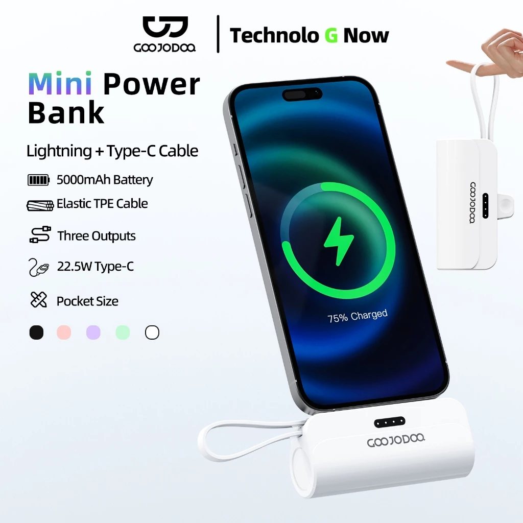 GOOJODOQ 5000mah Mini Power Bank cho iPhone Android Phone Cáp tích hợp Bộ sạc di động nhỏ gọn Lightning & Type C