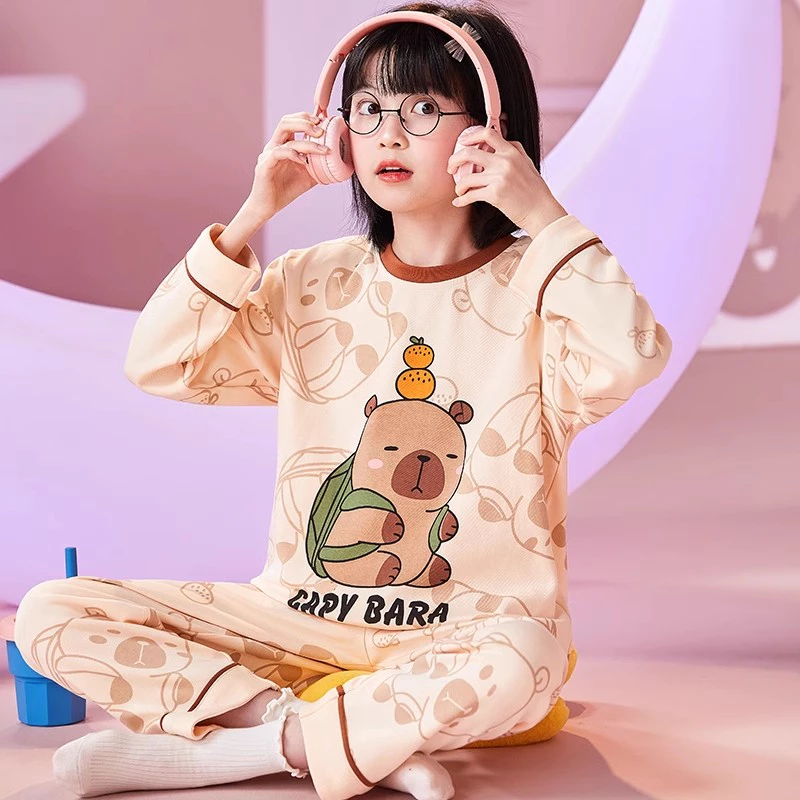 Bộ Đồ Ngủ Dễ Thương Trẻ Em Capybara Cô Gái Lớn Cổ Tròn Ngủ Mặc Hàn Quốc Bộ Đồ Dài Tay Trẻ Em Bộ Đồ Ngủ Trẻ Em Quần Áo Bé Gái