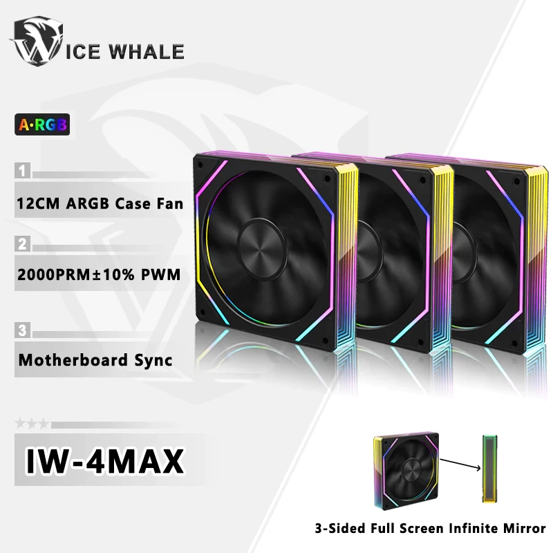 Ice Whale IW-4MAX 3 CÁI ARGB PC Case Fan 120mm 3 mặt toàn màn hình Gương vô hạn Bo mạch chủ chiếu sáng Đồng bộ hóa 2000RPM Quạt làm mát CPU
