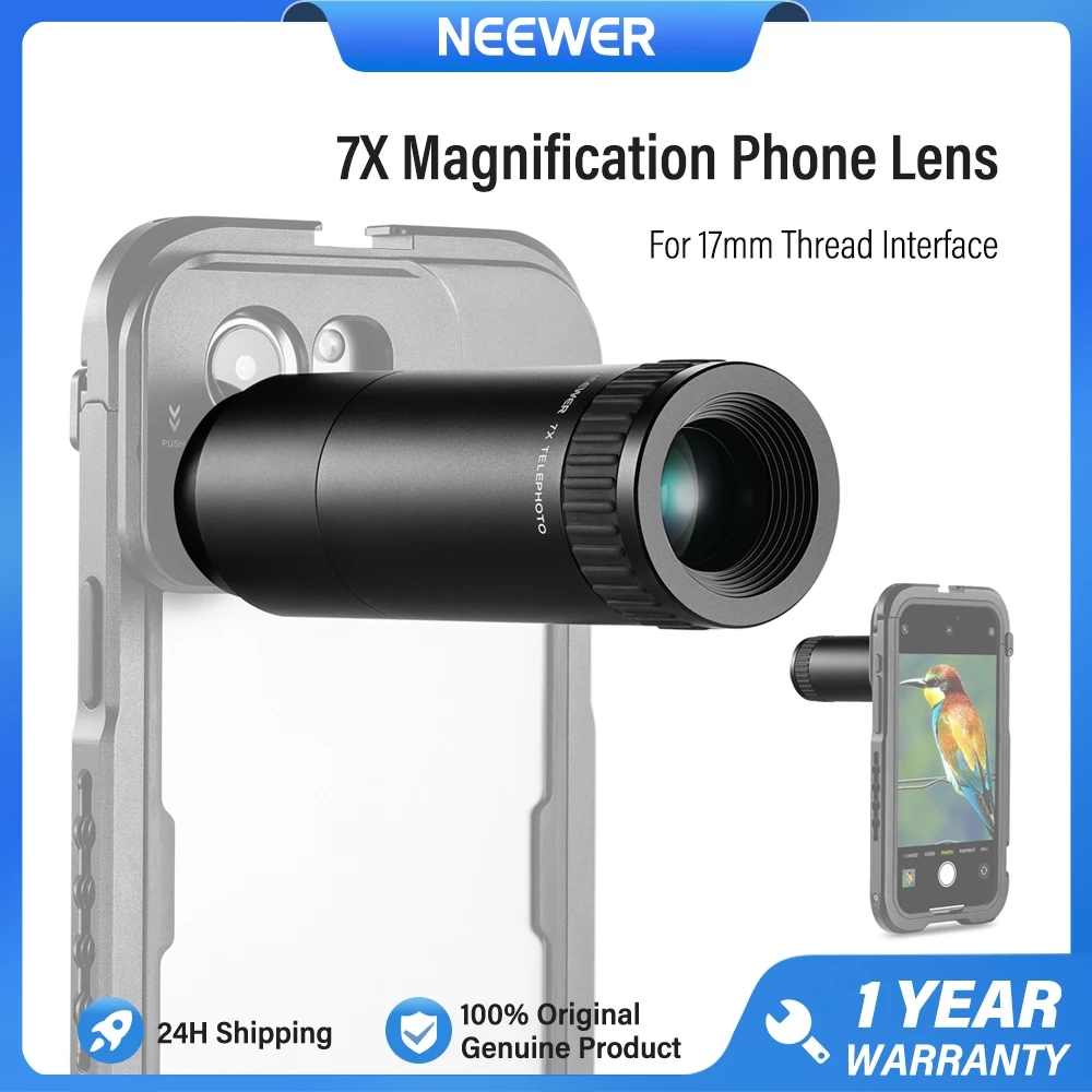 Ống kính tele NEEWER HD Chỉ dành cho mặt sau ren 17mm, Ống kính máy ảnh điện thoại phóng đại 7X với 15 yếu tố 12 nhóm Tương thích với iPhone Samsung Cage với bộ chuyển đổi ống kính 17mm