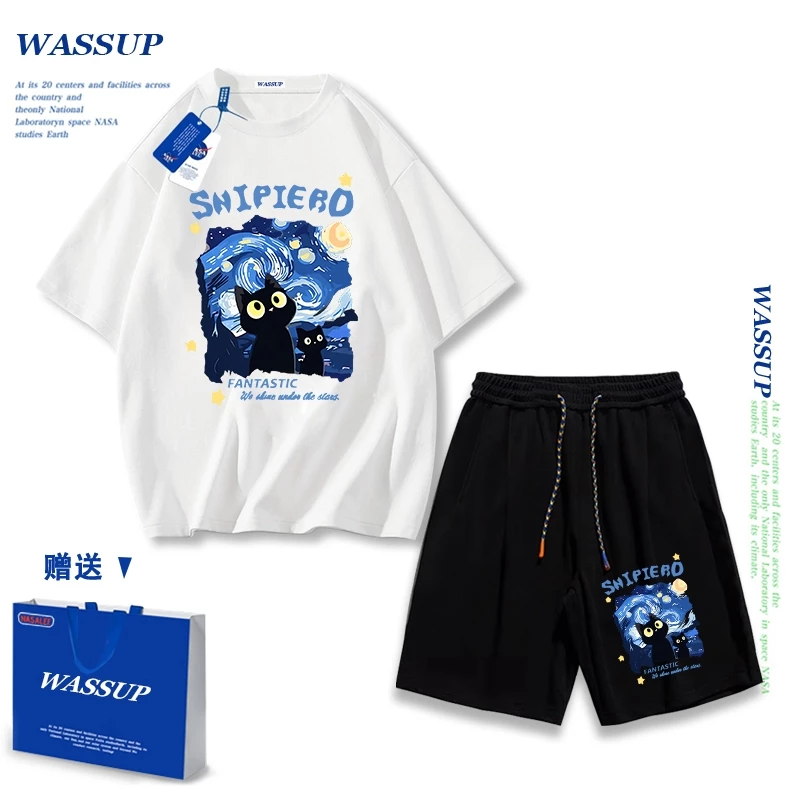 Áo thun ngắn tay Wassup mùa hè nam dáng rộng Quần Short Cotton hợp thời trang, nam nữ thể thao giản dị Phong cách đơn giản 2025 Phong cách mới