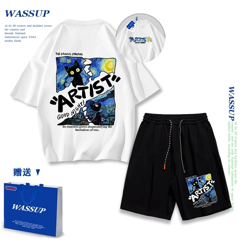 Áo thun ngắn tay Wassup mùa hè nam dáng rộng Quần Short Cotton hợp thời trang, nam nữ thể thao giản dị Phong cách đơn giản 2025 Phong cách mới