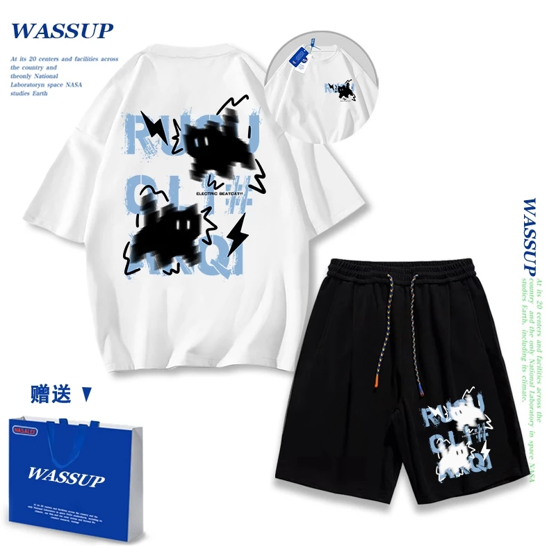 Áo thun ngắn tay Wassup mùa hè nam dáng rộng Quần Short Cotton hợp thời trang, nam nữ thể thao giản dị Phong cách đơn giản 2025 Phong cách mới