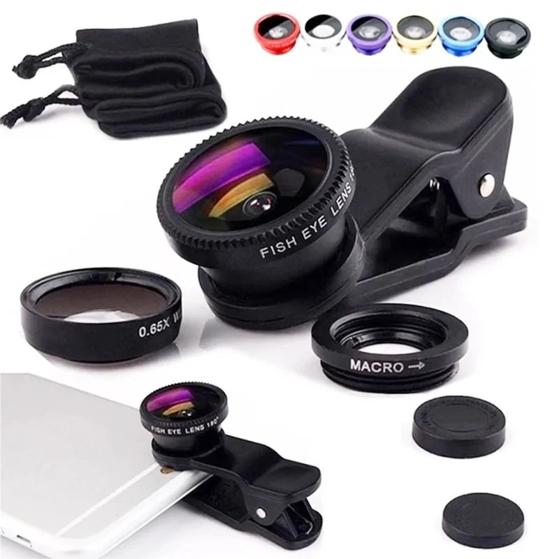 Ống kính máy ảnh Micro góc rộng 3IN1 Fisheye cho iPhone Xiaomi Redmi 3IN1 Zoom Fish Eye Len trên ống kính điện thoại thông minh có kẹp điện thoại
