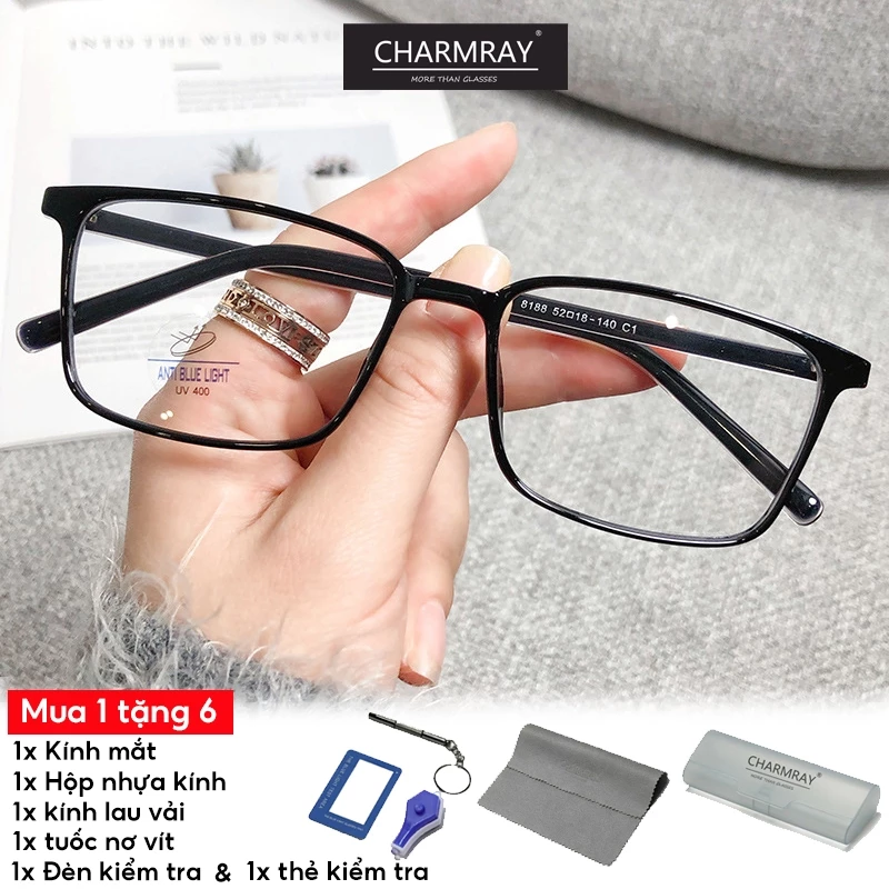 Mắt kính CHARMRAY tr90 khung hình chữ nhật chống bức xạ có thể thay tròn cho nam nữ