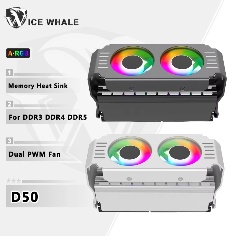 Ice Whale D50 RAM Tản Nhiệt Dual 5020 Quạt ARGB Ánh Sáng Đồng Bộ Nhớ Làm Mát Mô Đun Bộ Nhớ Làm Mát Tản Nhiệt DDR3 DDR4 DDR5