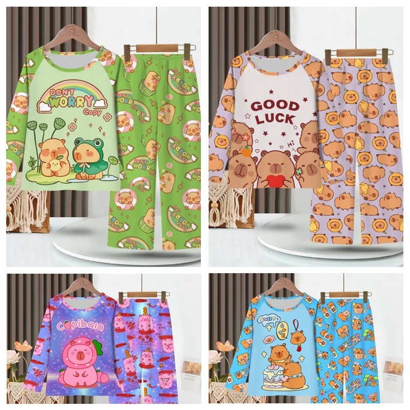 Quần áo ngủ cổ tròn dài tay dành cho trẻ em Capybara Đồ ngủ bé trai hoặc bé gái trong 6 - 7 tuổi