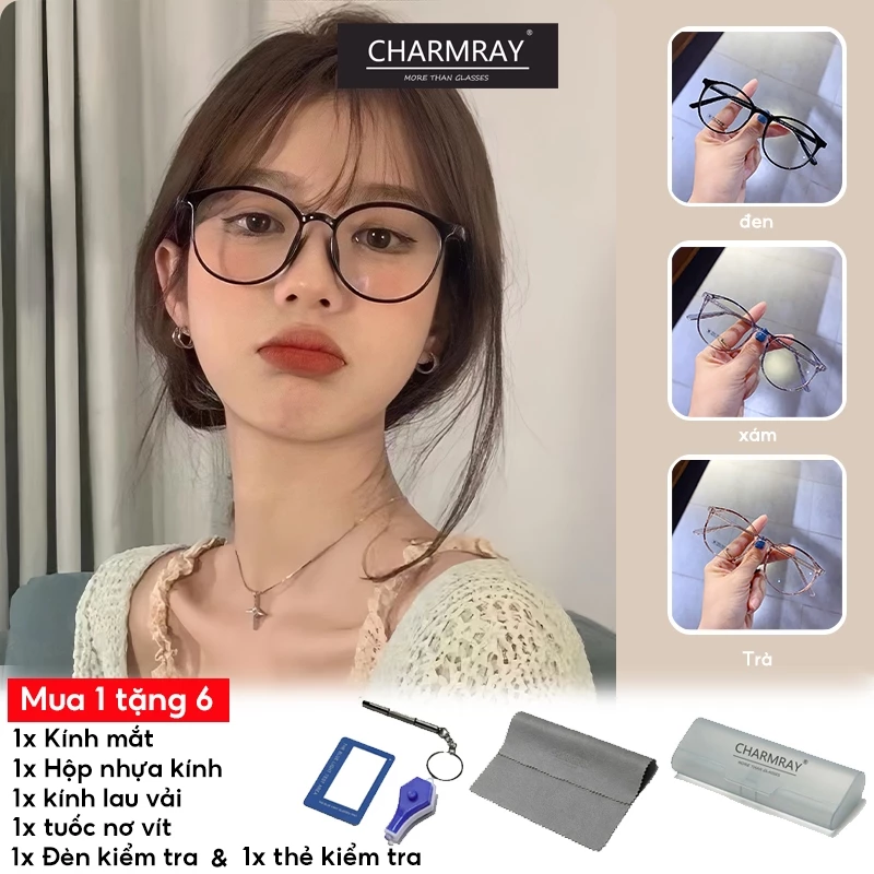 Charmray Kính mắt chống bức xạ thời trang TR90 dành cho nữ Kính khung tròn máy tính