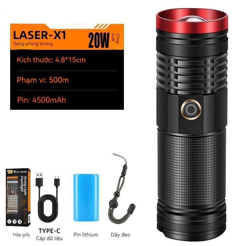 Ngoài Trời Di Động Khẩn Cấp laser Trắng Hợp Kim Nhôm Ánh Sáng Mạnh Kính Thiên Văn Loại Đèn Pin Sạc Nhanh Hiển Thị Đèn Pin