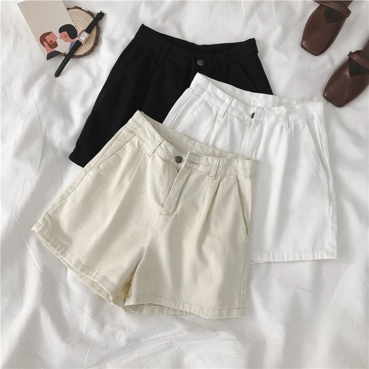 Xiaozhainv Quần Đùi Denim Lưng Cao Ống Rộng Cá Tính Cho Nữ