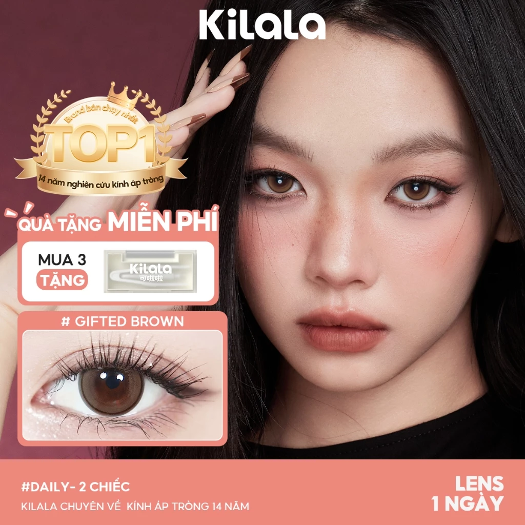Kính áp tròng Kilala lens 1 ngày màu lam Gifted Brown DIA 14.0mm có độ (0-7) 10 chiếc 2 chiếc