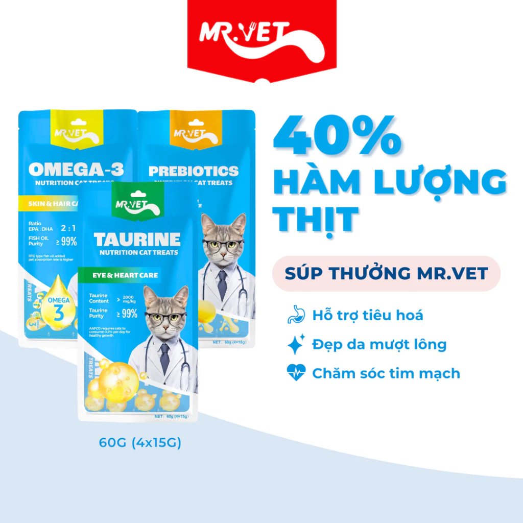 Súp Thưởng Cho Mèo MRVET Bổ Sung Omega 3, Prebiotics, Taurine Hỗ Trợ Tiêu Hóa Và Sức Khỏe Tim Mạch
