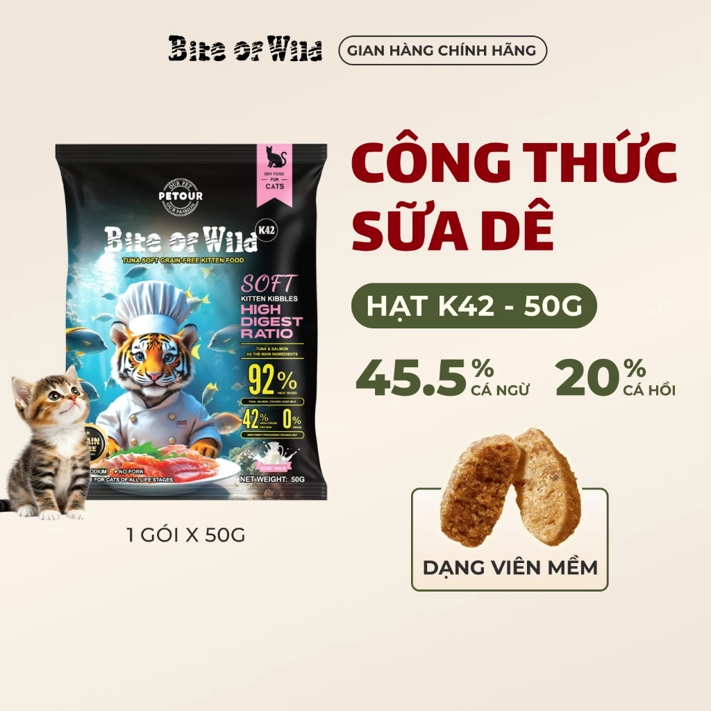 Thức ăn cho mèo Bite Of Wild K42 gói dùng thử 50G không ngũ cốc công thức sữa dê cá ngừ cho mèo con