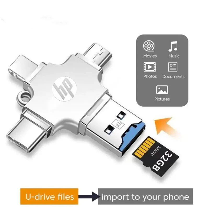 Ổ đĩa Flash USB 4 trong 1 HP Pendrive 1TB 8GB 16GB 32GB 64GB 128GB 1TB USB phổ thông Thích hợp cho Samsun iPhone Android Type C OTG USB