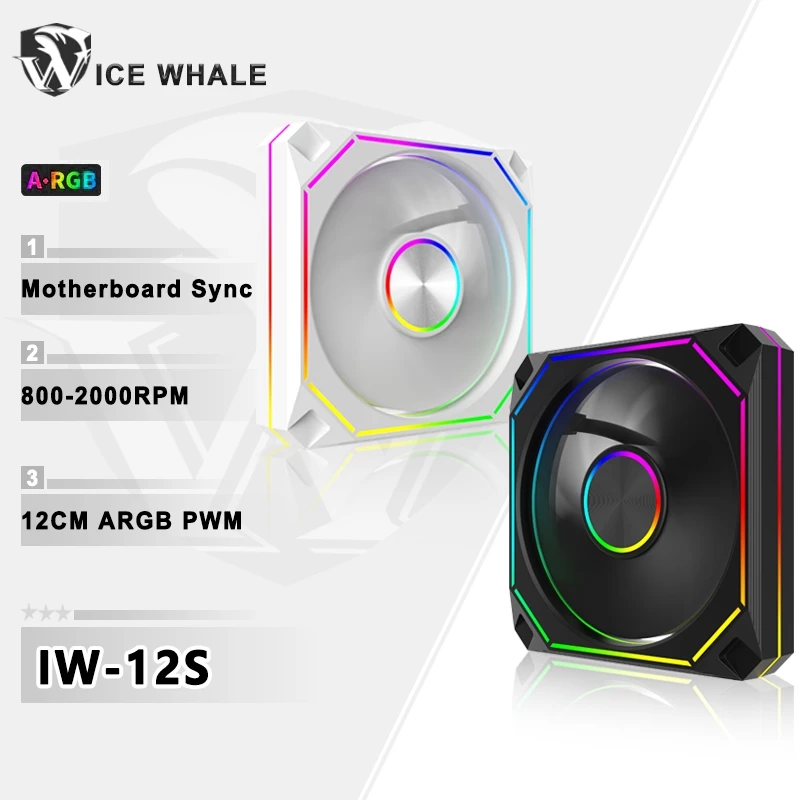 Quạt máy tính ICE Whale IW-12S 12cm ARGB 4Pin Quạt làm mát yên tĩnh 12V Khối lượng không khí lớn 56.36CFM / 800-2000RPM Quạt hiệu suất