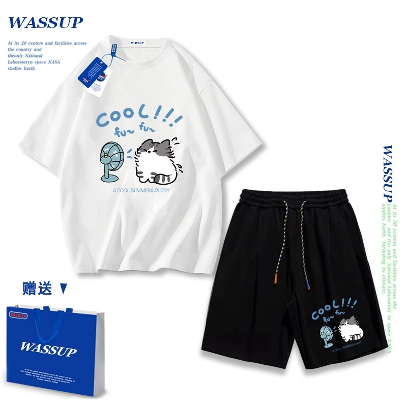 Áo thun ngắn tay Wassup mùa hè nam dáng rộng Quần Short Cotton hợp thời trang, nam nữ thể thao giản dị Phong cách đơn giản 2025 Phong cách mới