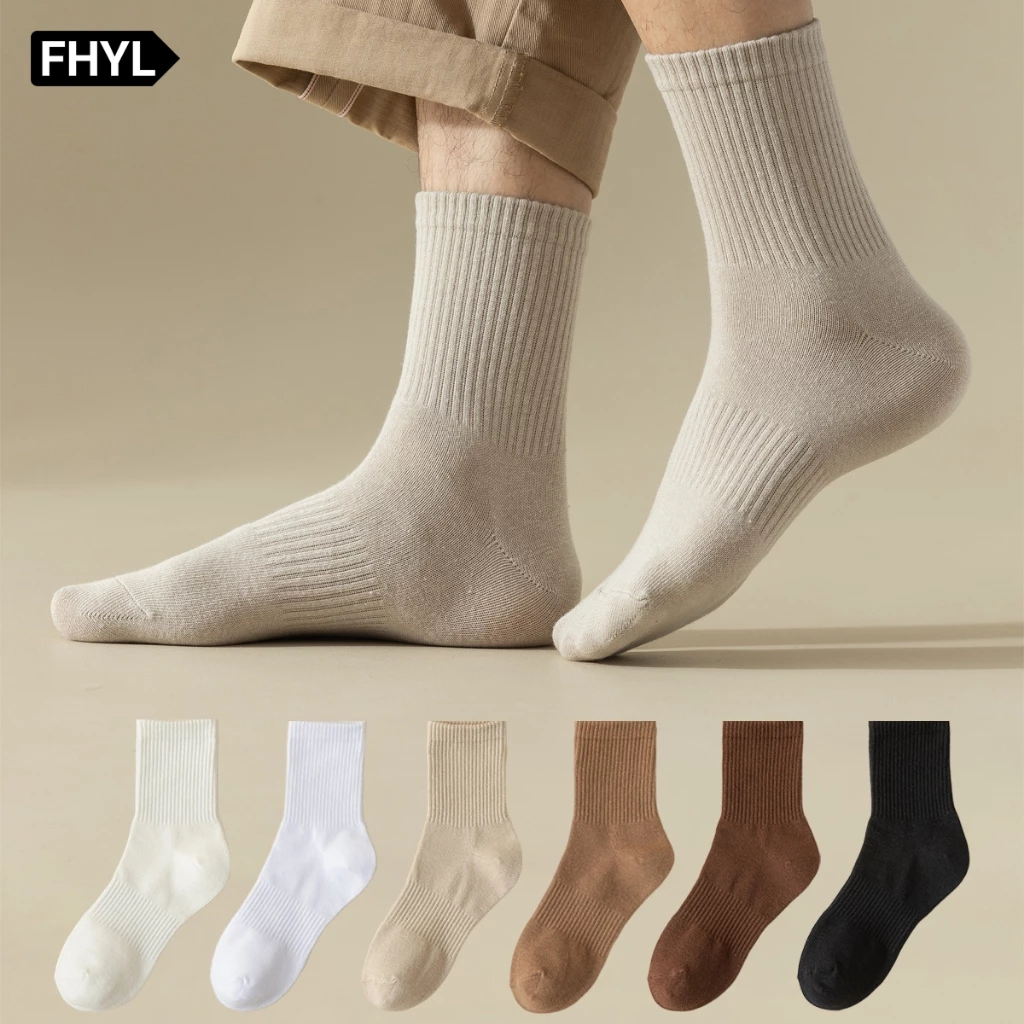 【Hà Nội】FHYL 3/6 Đôi Vớ Cotton Cổ Vừa Màu Trơn Khử Mùi Bốn Chiều Đơn Giản Phong Cách Hàn Quốc Mới Cho Nam