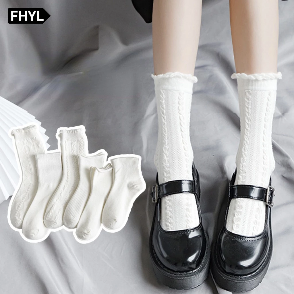 【Hà Nội】 Tất cotton FHYL cổ cao phối ren trắng và diềm xếp nếp phong cách Lolita cổ điển dễ thương thời trang cho nữ