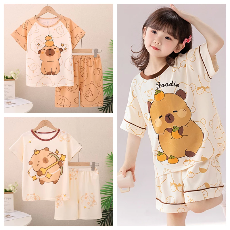 Bộ đồ ngủ trẻ em Bộ đồ ngủ cổ chữ O thoáng khí Bộ đồ ngủ Capybara hoạt hình cho trẻ em