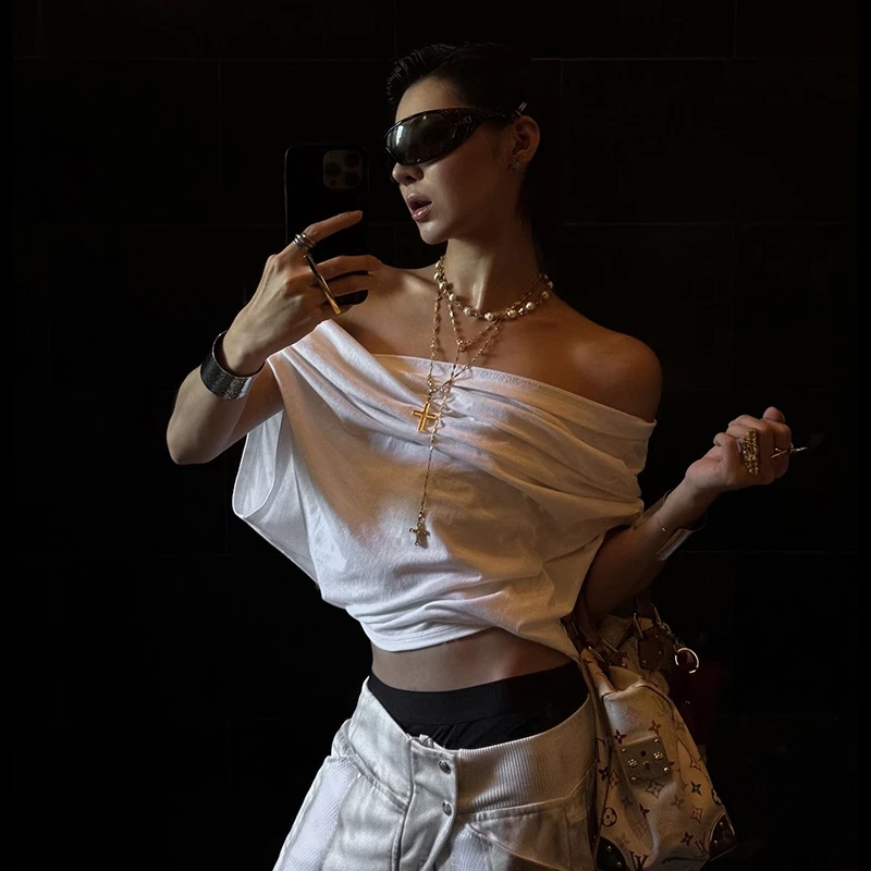 Cutenew Chắc Chắn Skinny Áo Tắt Vai Quá Khổ Không Đều Chắp Vá Ruched Rốn Lộn Nữ Thời Trang Ngọt Ngào Phong Cách Đa Năng