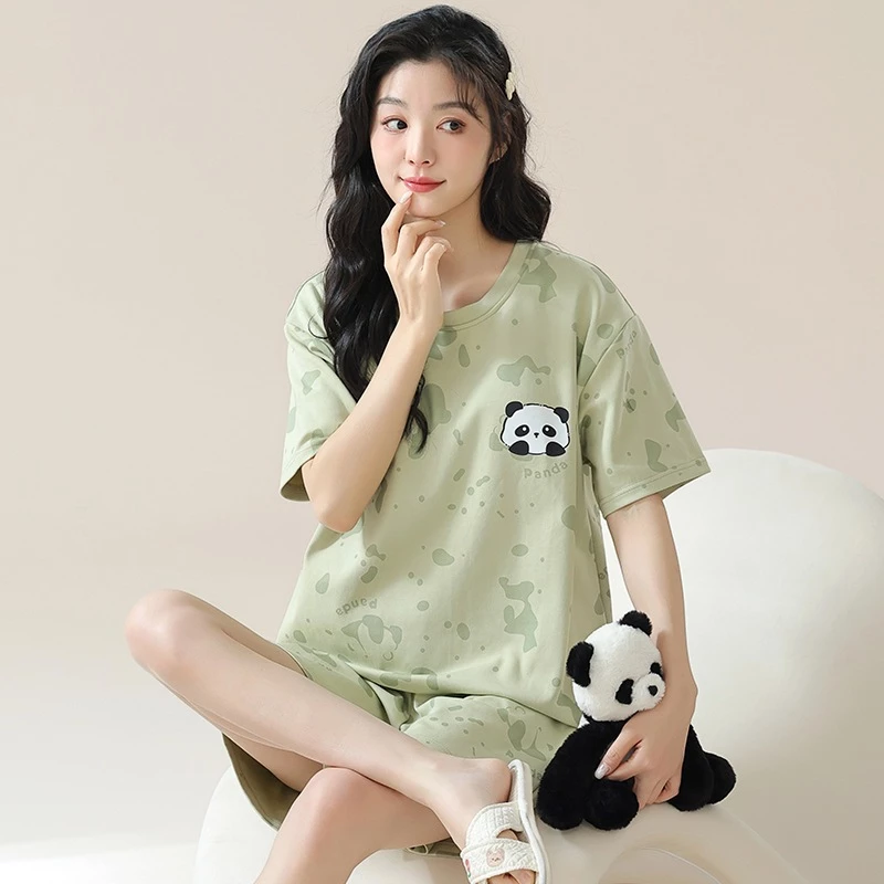 đồ bộ nữ đồ mặc nhà   Bộ Đồ Ngủ Nữ Bộ Đồ Ngủ Nữ Homewear Mùa Hè Cotton Nguyên Chất Mỏng Tay Ngắn Cổ Tròn Tay Ba Điểm Kích Thước Lớn Rời Ngọt Ngào Hoạt Hình Dễ Thương
