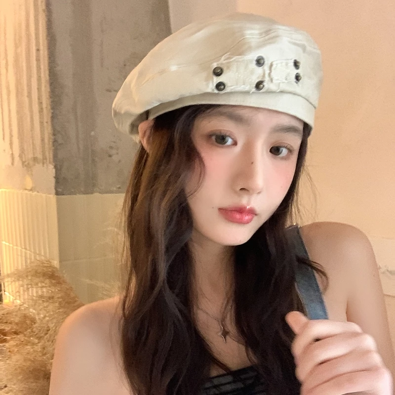 Retro Đau Khổ Rửa Denim Beret Nữ Xuân Thu Phong Cách Mới Phù Hợp Đầu Lớn Thể Hiện Mặt Nhỏ Họa Sỹ Mũ