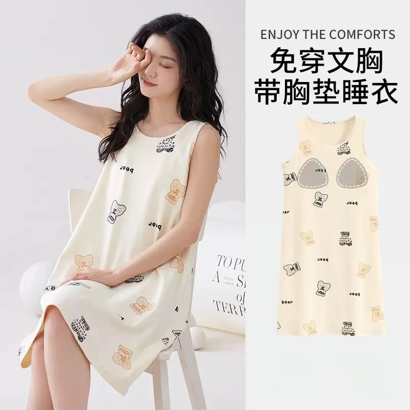 Bộ Đồ Ngủ Nữ Bộ Đồ Ngủ Nữ Homewear Có Miếng Lót Ngực Chống Va Đập Váy Ngủ Nữ Mùa Hè Mỏng Phong Cách Giữa Chiều Dài Cô Gái Không Tay Học Sinh Size Lớn Có Thể