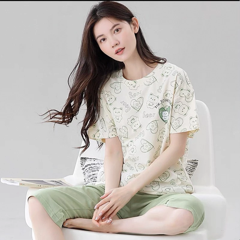 Bộ Đồ Ngủ Nữ Homewear Mùa Hè Mỏng Tay Ba Điểm Quần Crop Cổ Tròn Kích Thước Lớn Rời Ngọt Ngào Hoạt Hình Dễ Thương Có Thể Mặc Bên Ngoài Không Có Miếng Lót Ngực Phù Hợp Với Nữ