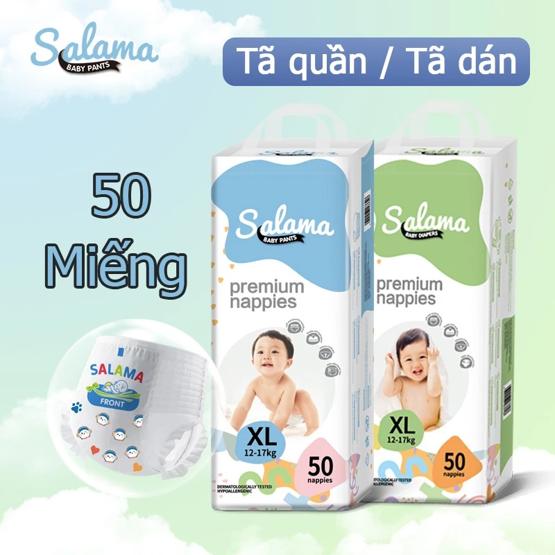 【50 Miếng】Tã quần Salama Siêu Khô Thoáng - 100% Thoáng Khí Mega Jumbo phù hợp với trẻ Em Bé có kích thước S/M/L/XL/XXL/XXXL