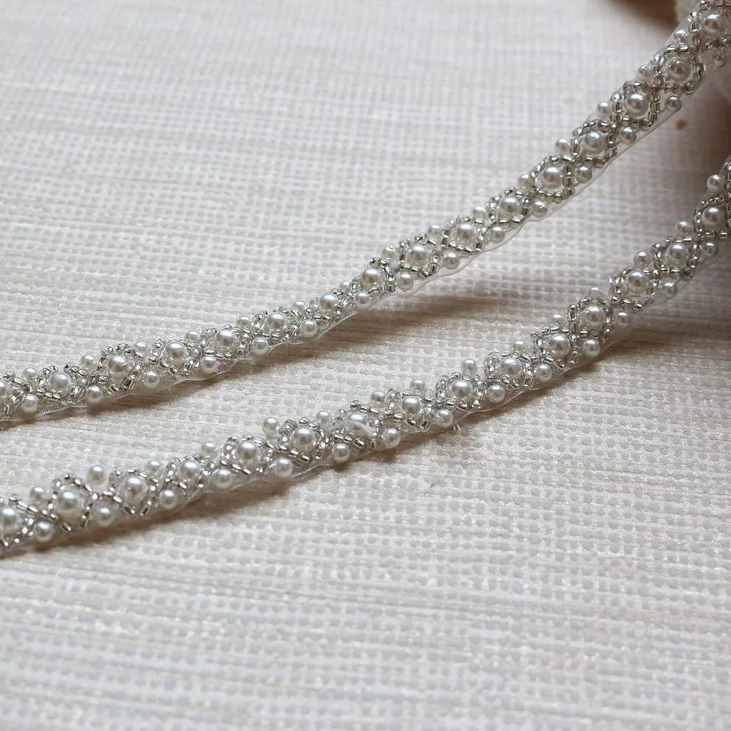1Yard Đen Trắng Ngọc Trai Ren Viền Lưới Ren Vải Trang Trí Quần Áo Cưới Đầm Ren Đính Thủ Công DIY