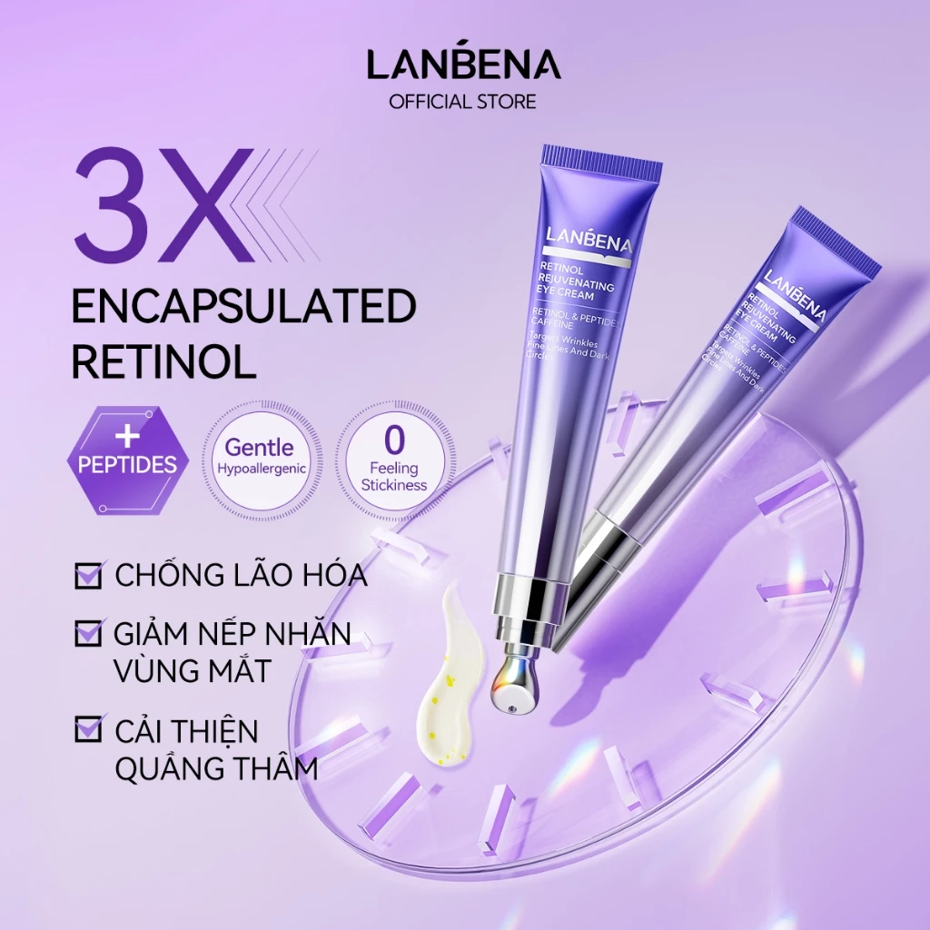 Kem Mắt Lanbena Retinol Đầu Massage Lạnh Giúp Giảm Nếp Nhăn, Mờ Quầng Thâm Mắt,Dưỡng ẩm Trắng Da, Hạn Chế Lão Hóa, Tăng Độ Đàn Hồi Và Trẻ Hóa Vùng Da Quanh Mắt Hiệu Quả 15ml
